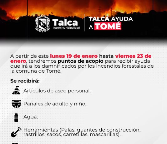 Municipalidad de Talca se moviliza en apoyo a Tomé con campaña solidaria por incendios forestales